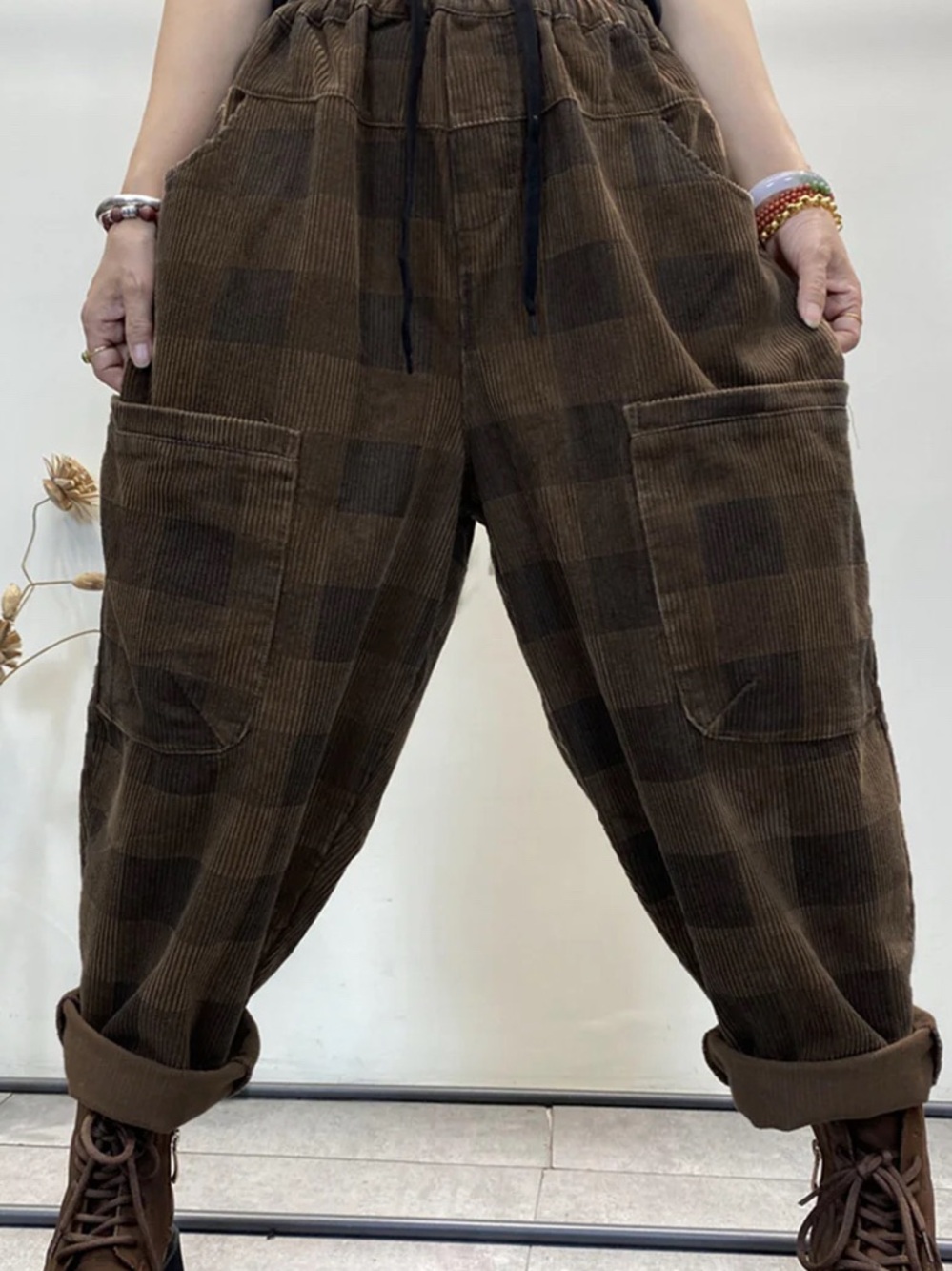 Buykud Women's Brown Patchwork Corduroy Cargo Pants